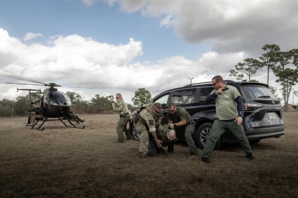 Protective detail team rehearsing a vehicle and aircraft movement